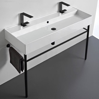 Console Bathroom Sink Double Ceramic Console Sink and Matte Black Stand Scarabeo 8031/R-120B-CON-BLK